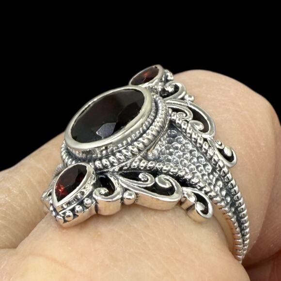 Natural Rhodolite Red Garnet Ring Hammered 925 Sterling Silver Size 9 Handmade - Picture 7 of 8